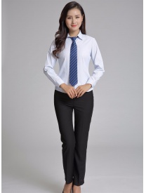 女式長袖襯衣 V領白色條紋